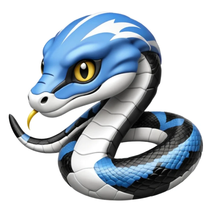 Кобра с чёрными и белыми глазами и чёрной и белой молниями из глаз. У неё чёрно-белая футбольная форма с надписью FangElite sticker