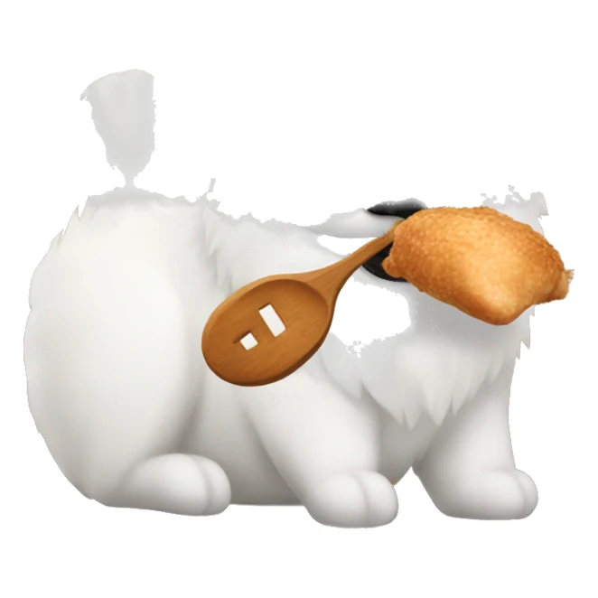 Samoyed eating a chicken sticker