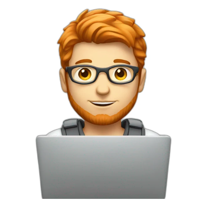 A red-haired light-skinned male programmer with a laptop sticker