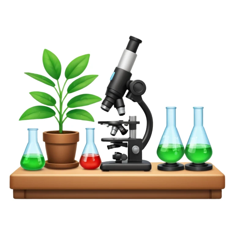 FA 3D cartoon science lab table with test tubes, microscope, and a small potted plant, green leaves under bright light, clean background, realistic Memoji-style rendering. sticker
