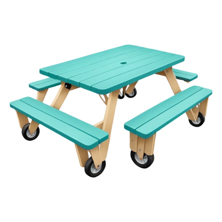 rectangular picnic table with benches, soft teal color, straight vertical legs, wheels underneath, flat wood-style silhouette, clean geometry, minimal shading, theatrical prop sticker