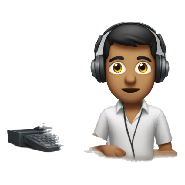 Indian tech guy with a headset and microphone with a computer  sticker