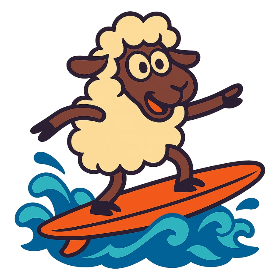 a sheep surfboarding vibrant cartoon style sticker