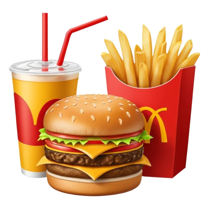 make a Luxe Cheeseburger Meal combo with cold drink inside that a straw and some ice cubes and beside some McDonald's fries box inside some thick fries

 with a angle to 15–20° gentle bird’s-eye angle  sticker