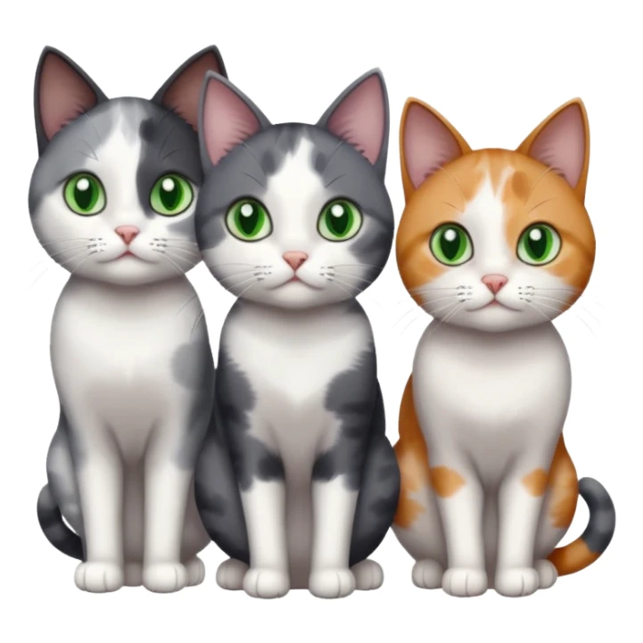 3 different coloured small cats including a dark grey and white, and a patchy calico and a completely solid dark grey with green eyes and only white paws sticker