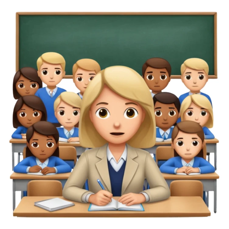 exhausted teacher in a bustling classroom sticker