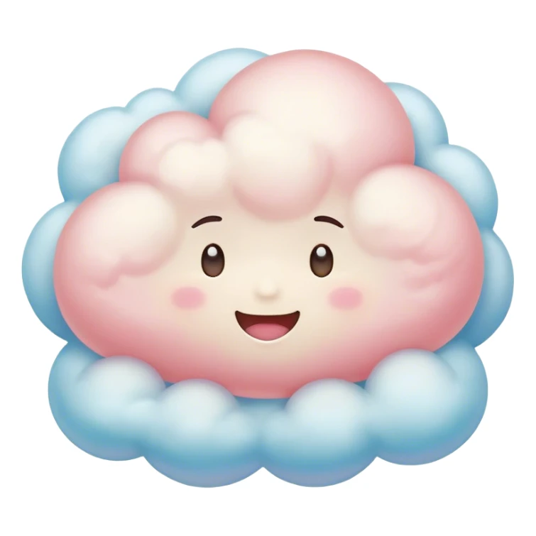 Cinematic round pastel cloud, soft puffy texture, gentle glowing edges, tiny happy face with blushing cheeks, floating in a dreamy sky, warm and magical. sticker