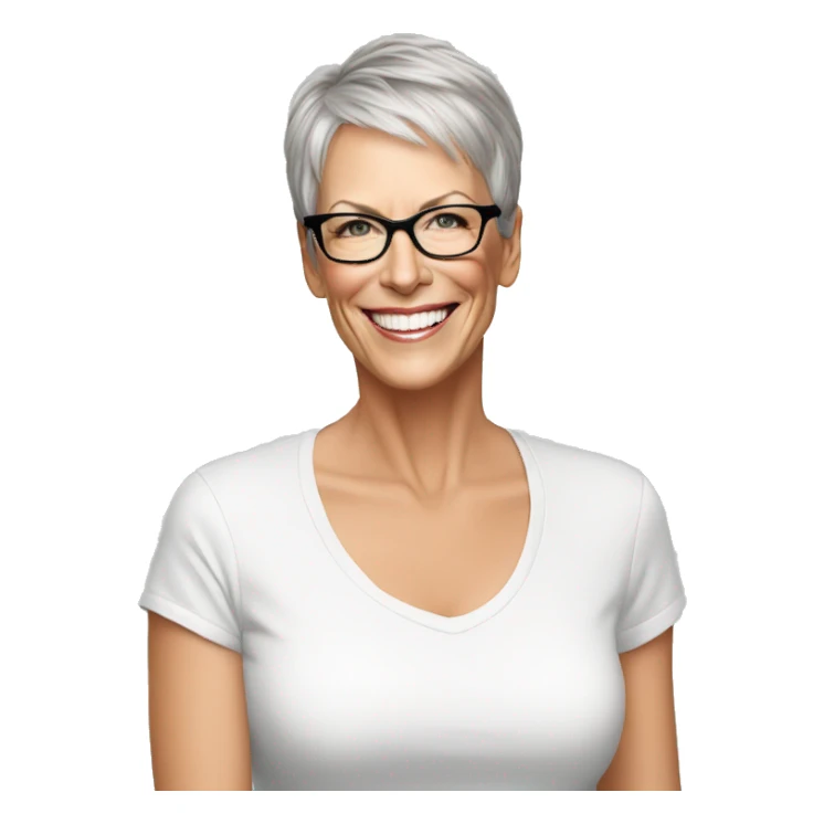 Jamie Lee Curtis smiling wearing tee sticker