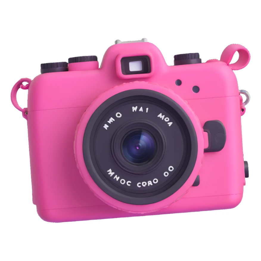 a pink camera with photos floating around it sticker