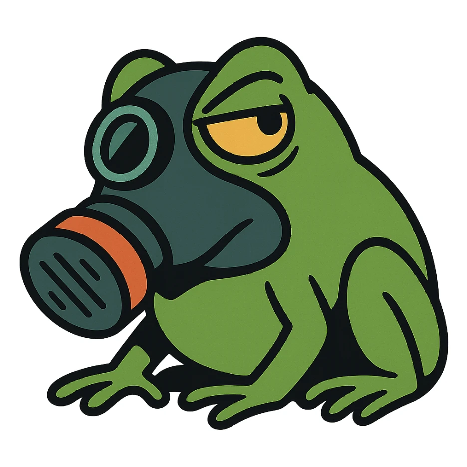 a frog wearing a gas mask, looking suspicious sticker
