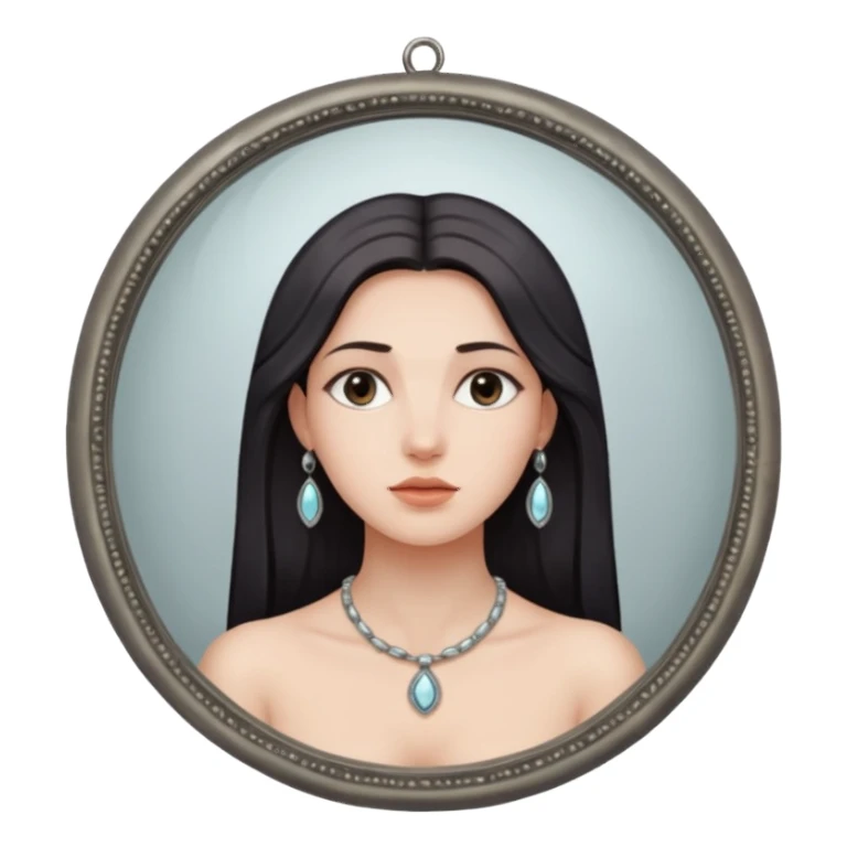 Woman facing ancient mirror, reflection slightly delayed and darker sticker