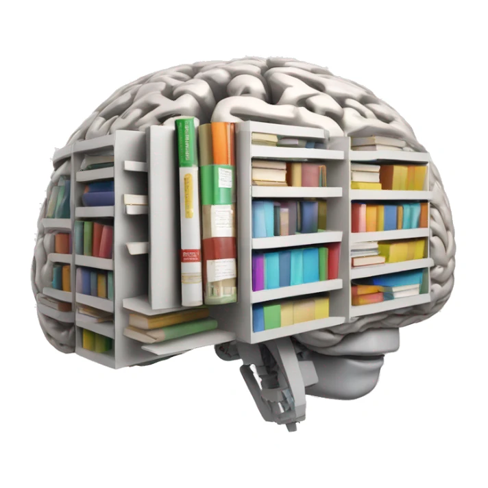 robotic brain with books floating inside the robotic brain sticker