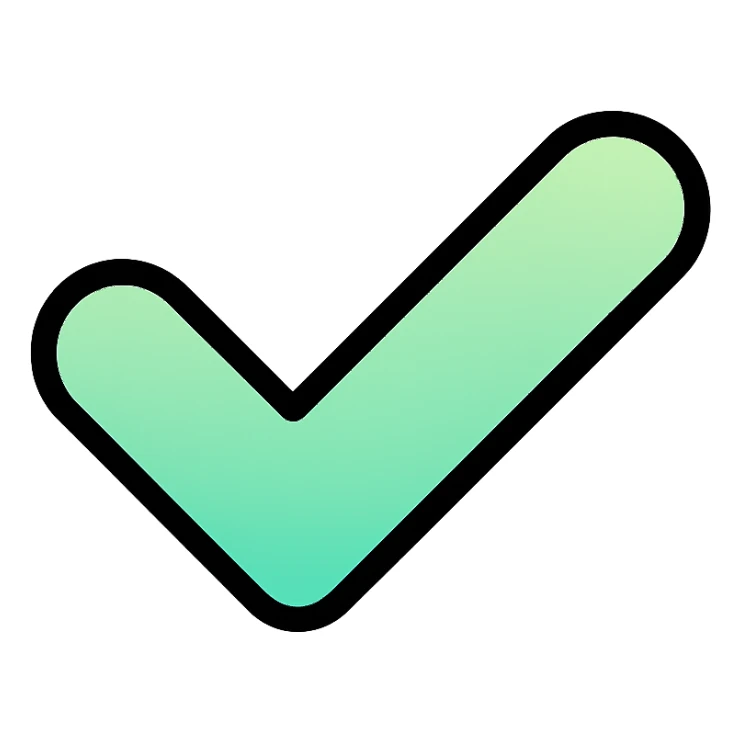 Minimalistic iOS-style check mark icon, flat vector design on transparent background. Smooth rounded edges, perfect symmetry, gradient light green color (like Apple's success green). Modern, clean, with subtle inner shadow for depth. Isolated, high resolution 1024x1024, no text, no additional elements sticker