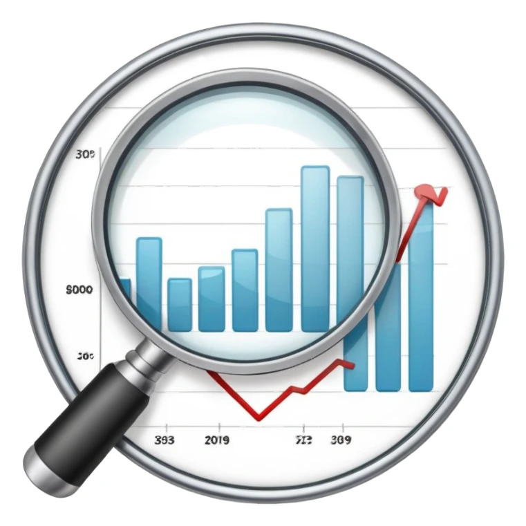 magnifying glass examining a downward trending chart, decreasing graph sticker