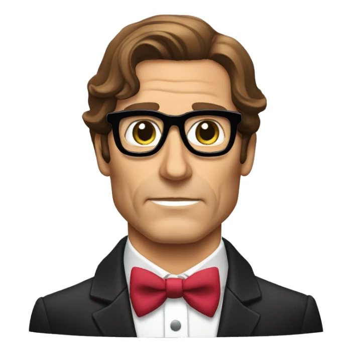 patrick bateman wearing glasses and a bowa bow sticker