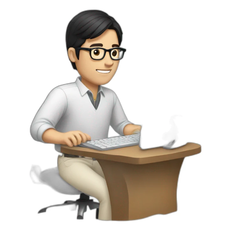 black haired white man with glasses typing in a computer sticker