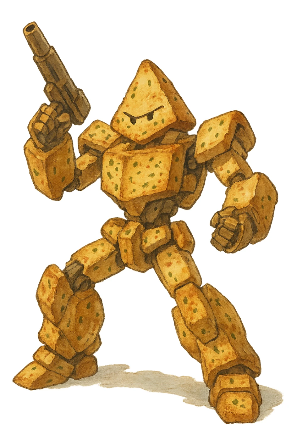 A transforming robot warrior with his blaster raised, action pose, except it’s garlic bread  sticker