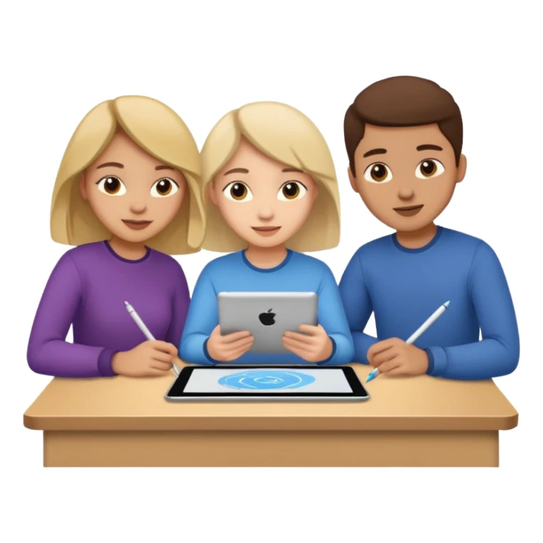 three students collaborating on design with drawing tablets and computers sticker