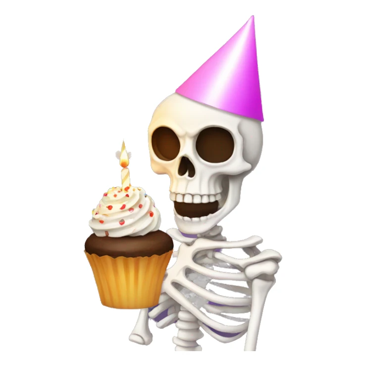 Skeleton wearing birthday hat while holding a cupcake with a lit candle sticker