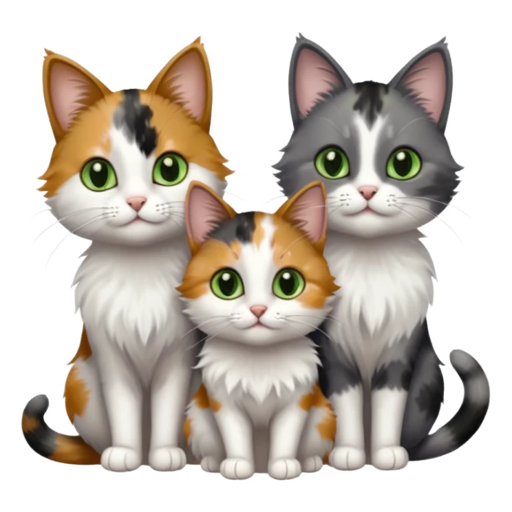 3 different coloured small cats including a dark grey and white, and a patchy calico with hazel eyes and a completely solid dark grey with green eyes and only white paws sticker