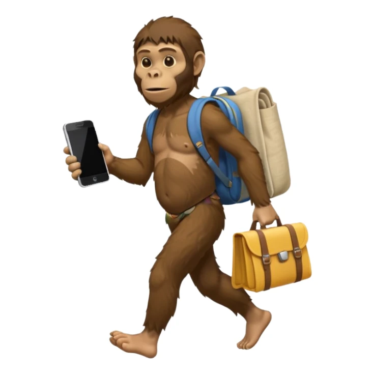 Draw an Australopithecus walking like a nomad, carrying a cloth bundle on its back, holding an iPhone in one hand and an open laptop with the screen visible in the other hand, in a cute flat iPhone emoji style. sticker
