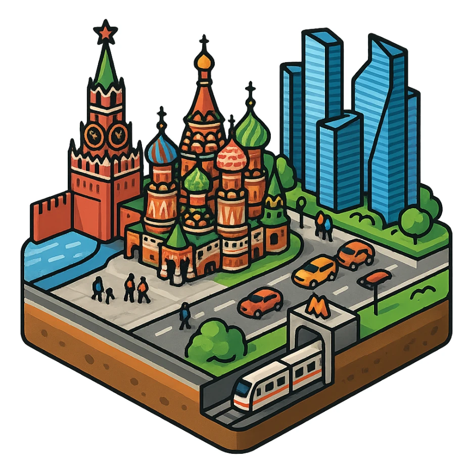 Изометричная миниатюрная фотореалистичная 3D модель Москвы на подставке - Кремль, собор Василия Блаженного, фотореалистичные Башни Москва-Сити, аккуратная детализация, четкие линии, яркие цвета, мультяшный реализм, гуляют люди и современный автотранспорт и метро, компактная композиция, вид сверху в изометрии, прозрачный фон sticker