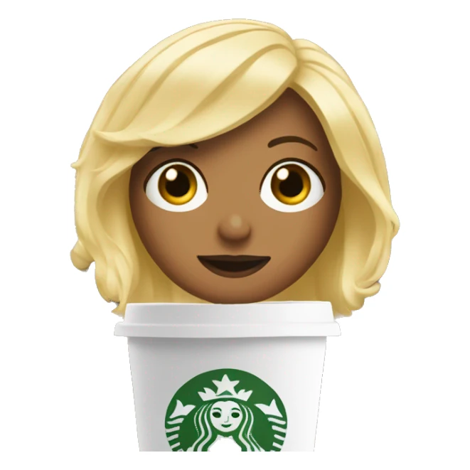 Dory with a blonde wig and a Starbucks cup sticker