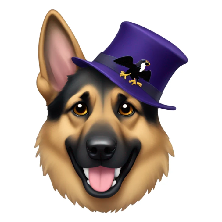 German shepherd wearing a ravens hat sticker