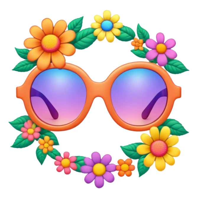 3D, psychedelic colored sunglasses with hippie style flower border sticker