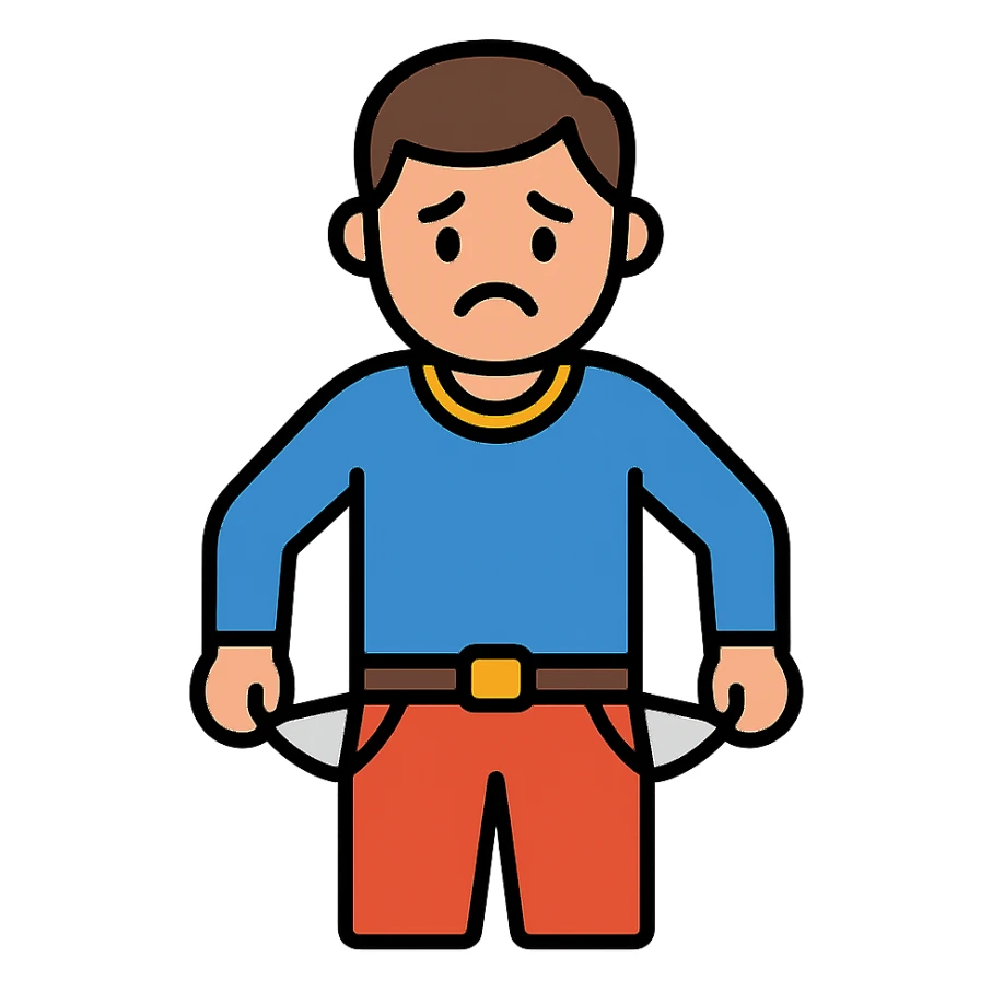 sad man with empty, turned-out pockets colored icon sticker