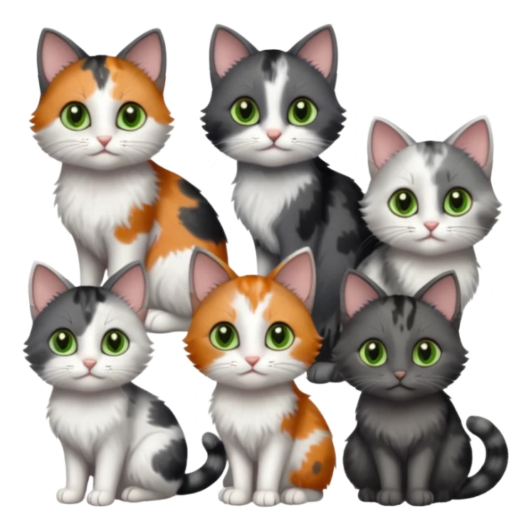 3 different coloured small cats including a dark grey and white, and a patchy calico with hazel eyes and a completely solid dark grey with green eyes and only white paws sticker