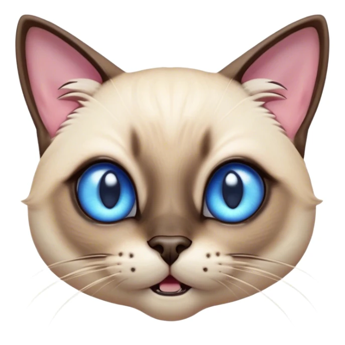 Cinematic Comical Siamese Cat Portrait Emoji, Head tilted dramatically with an exaggeratedly shocked or offended expression, sleek cream-colored fur with dark points on the ears, face, paws, and tail, wide piercing sapphire-blue eyes filled with exaggerated disbelief, Simplified yet hilariously expressive features, highly detailed, glowing with a slightly sassy glow, high shine, dramatic yet playful, stylized with an air of attitude, bright and endearing, soft glowing outline, capturing the essence of a sassy and over-the-top feline, so meme-worthy it feels like it could side-eye its way into internet fame instantly! sticker
