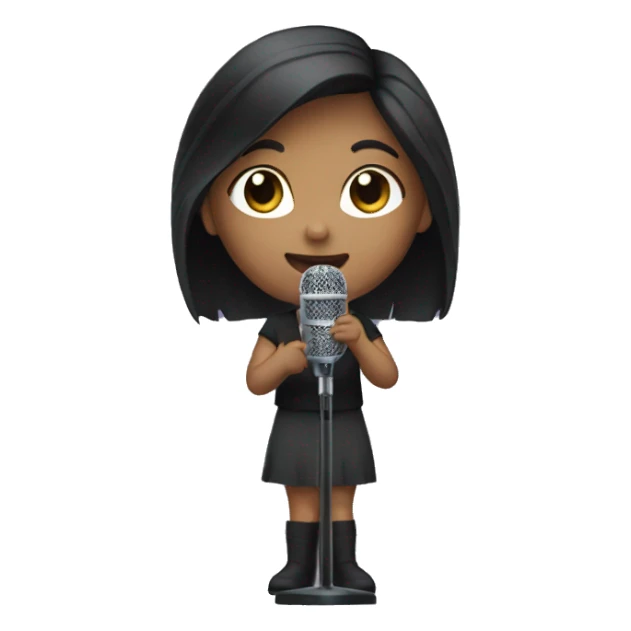 girl with dark hair handing a microphone sticker