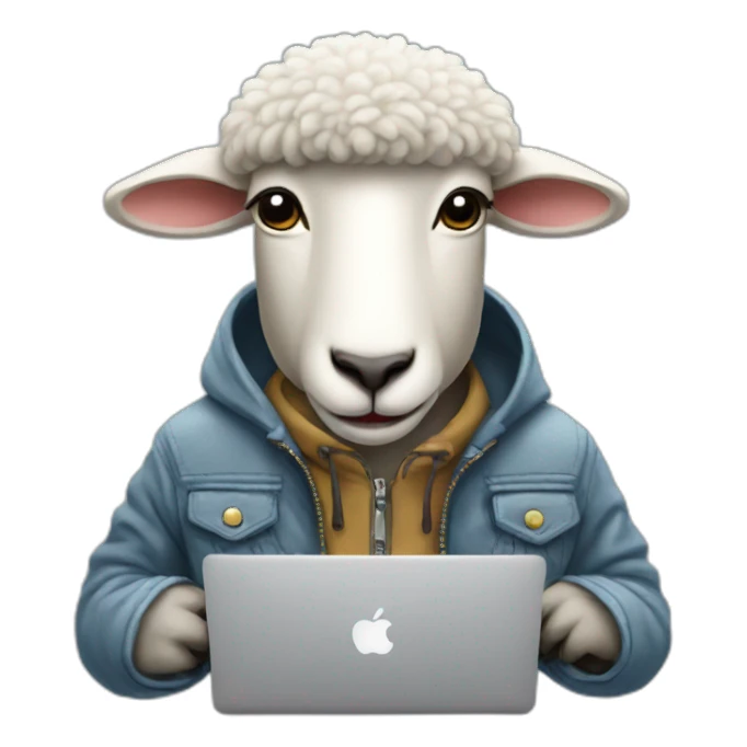 a sheep in a jacket with a macbook sticker
