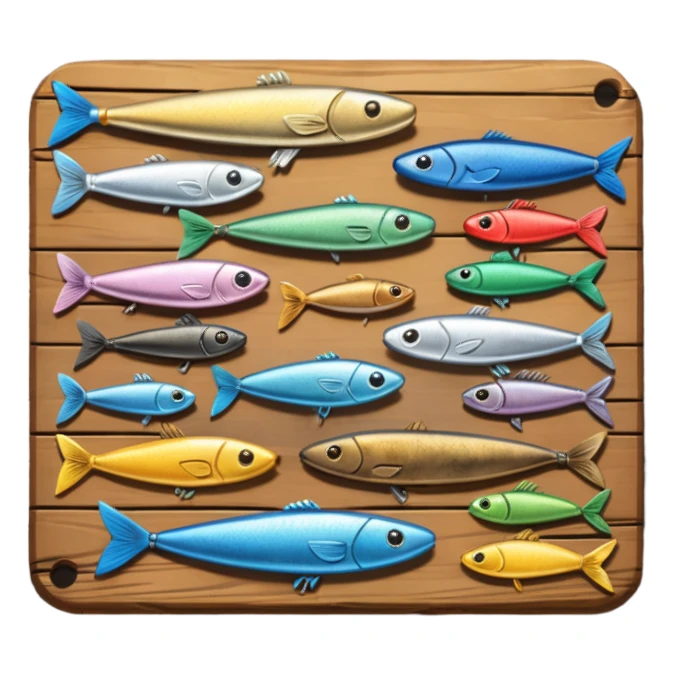 A metal lure set arranged on a wooden plank sticker