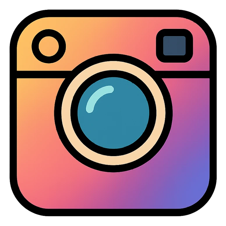 instagram logo, retro camera with lens detail, soft gradient, black outlines sticker