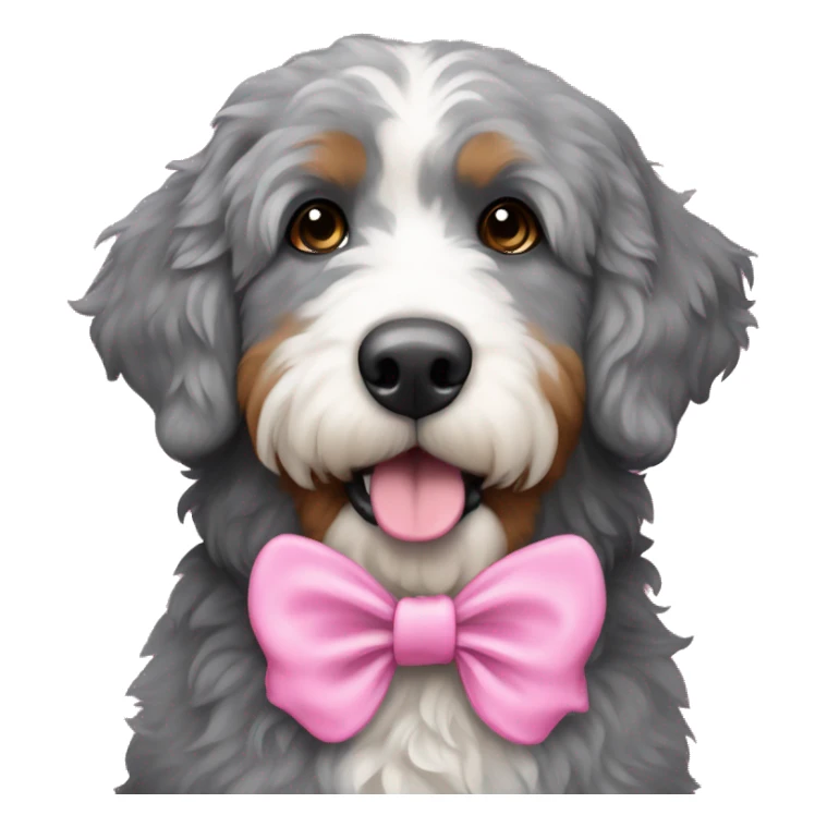 Grey bernedoodle with a pink bow sticker
