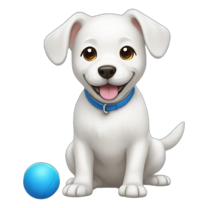 white dog playing with a blue ball sticker