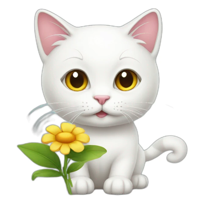 whire cat with a flower sticker