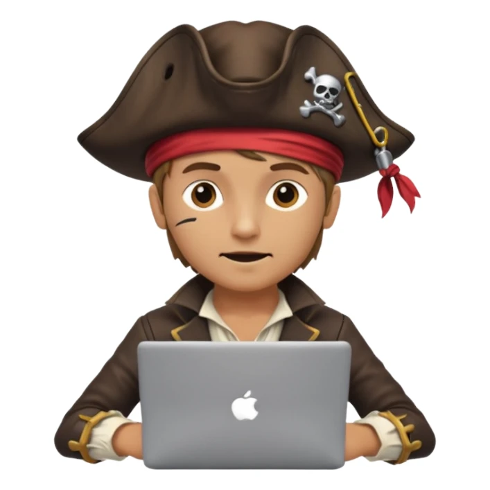 pirate dressed as a programmer, with a laptop, coding, playful and clever expression, modern pirate hat, tech gadgets sticker