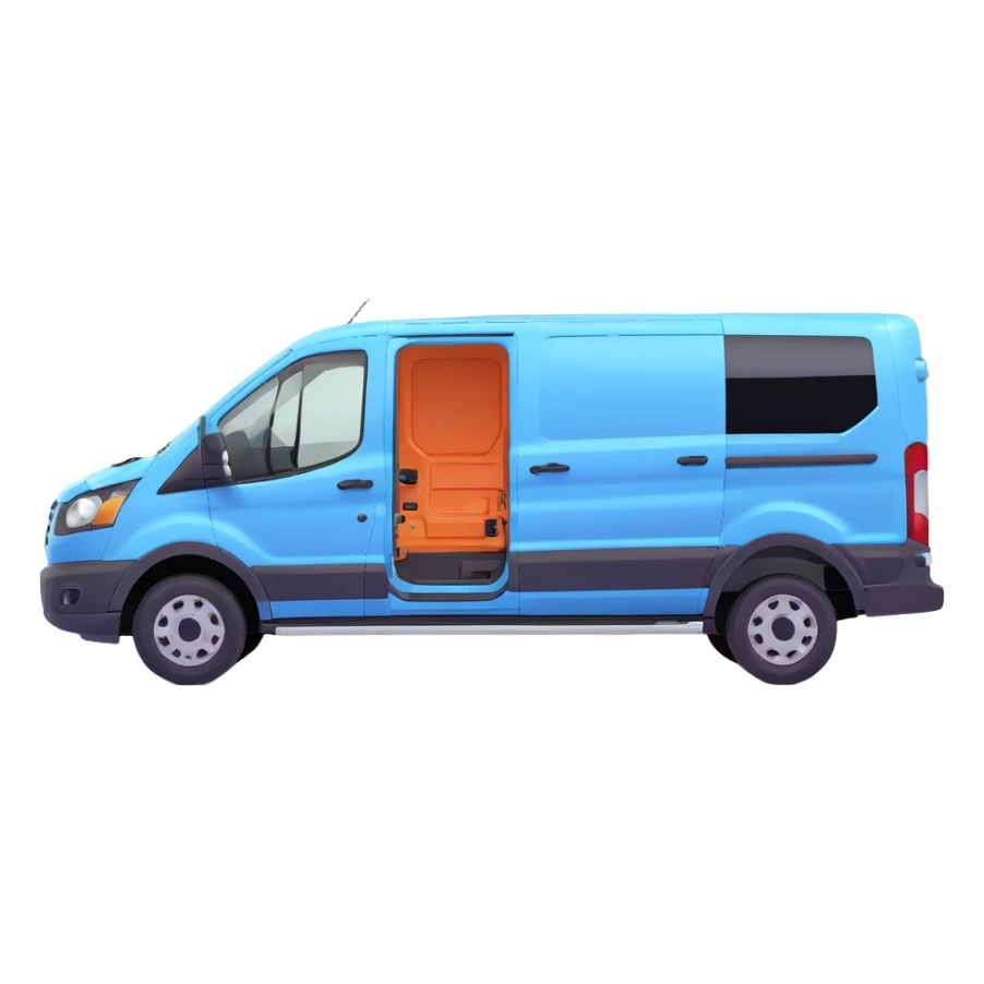 electric light blue Ford Transit passenger van, side profile, front facing right, with subtle shadow sticker