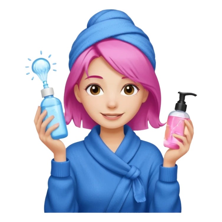 A girl grabbing a pink hair serum with a white shower towel in her hair with skincare on her face dressed in a blue sweater sticker