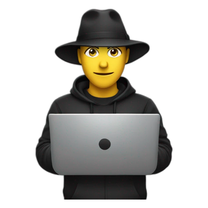 Hacker wearing black hat with laptop sticker