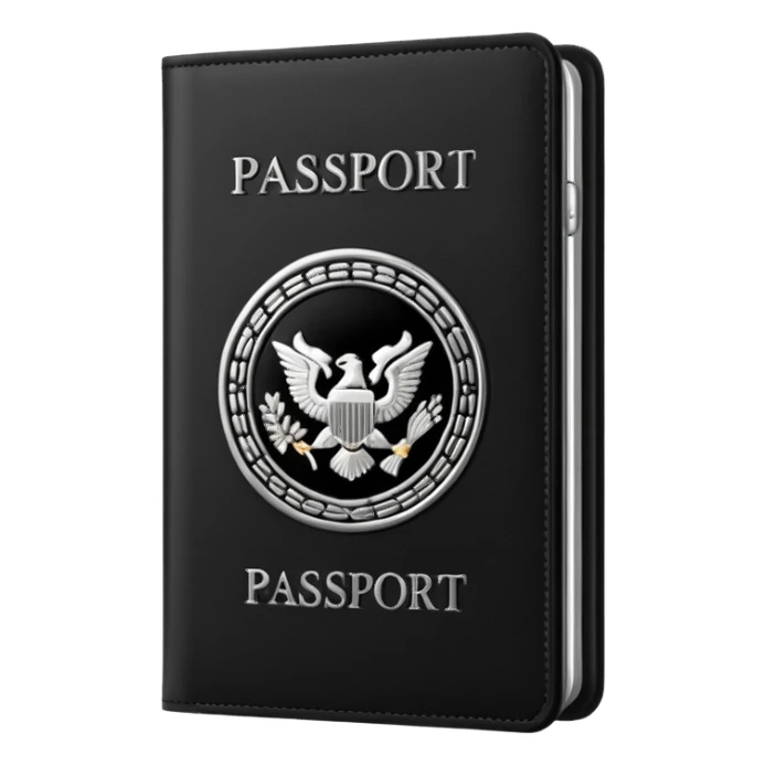 black passport with silver details sticker