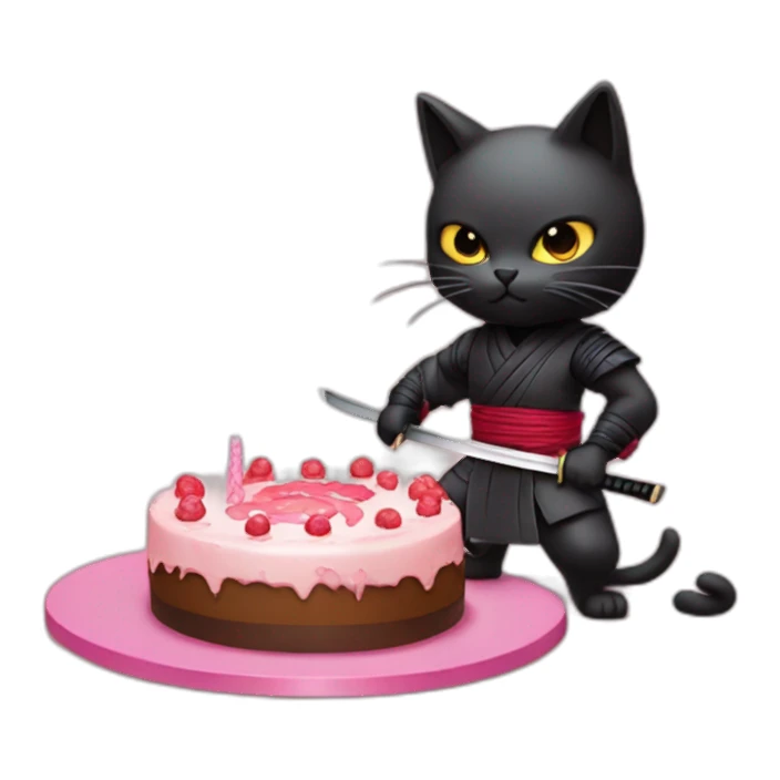Ninja cat cuts a cake with a katana sticker