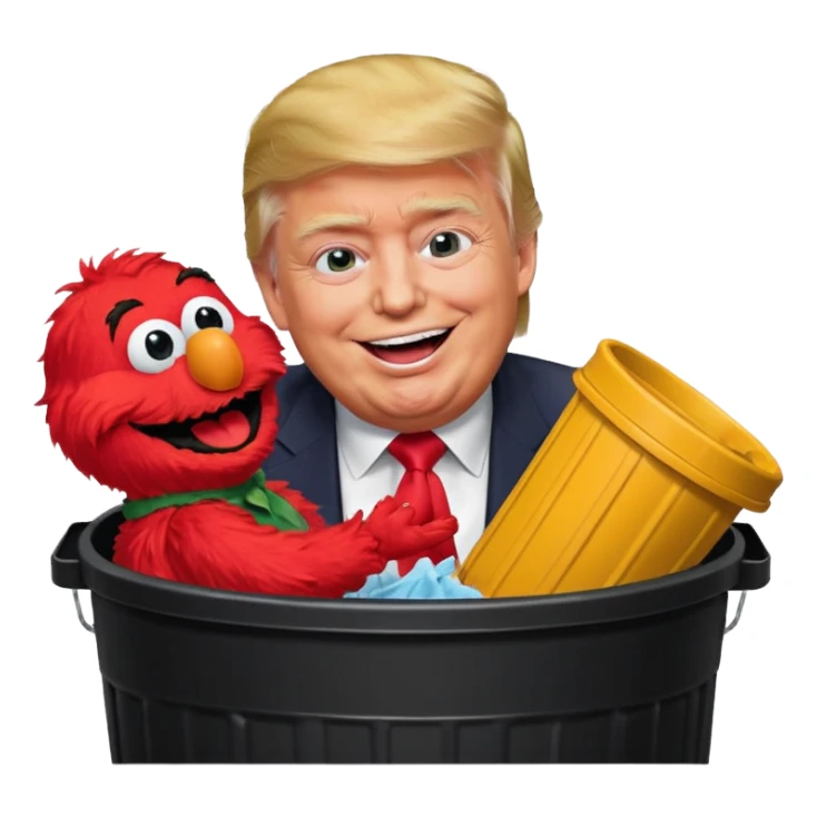 trump laughing while stuffing elmo in trash can sticker