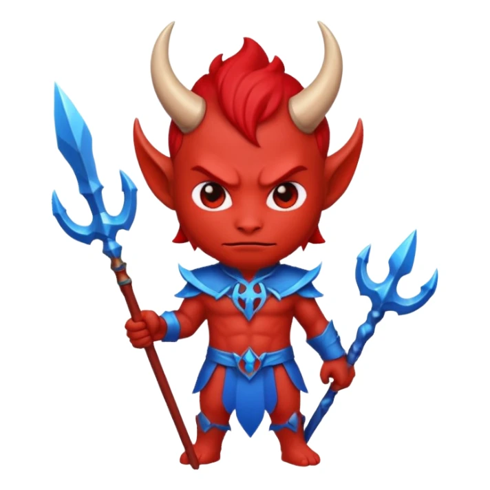 a Red devil, short horn Chibi red demon hold a blue trident sticker