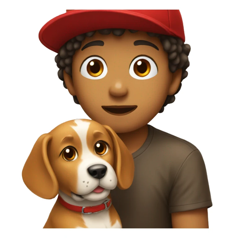 a boy in a red hat with a dog sticker