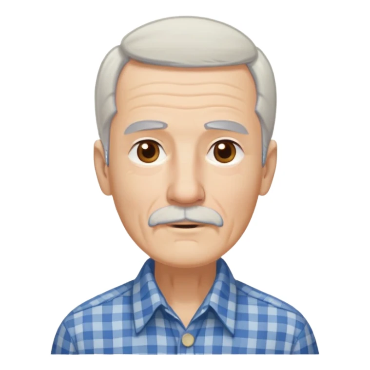 Thin elderly man with light skin. Elongated face with kind expression. Light brown eyes. Thin eyebrows. White goatee and white mustache. Fine straight gray-white hair combed back with some bangs falling on forehead. Slim build. Wearing a blue and beige checkered button-up shirt. sticker