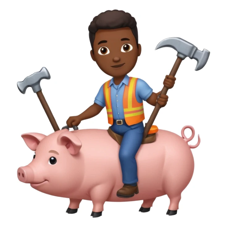 Black man holding a large hammer while riding a pig sticker